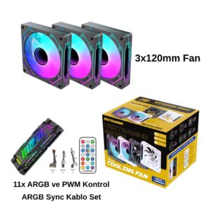 NG-A120B 3 Adet 120mm Kasa Fan 11X ARGB PWM Slot Kontrolcü ve Kumanda Siyah