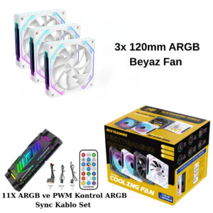 NG-O120W 3 Adet 120mm ARGB Fan 11X ARGB PWM Slot Kontrolcü ve Kumanda Beyaz