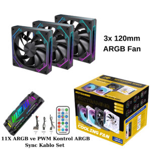 NG-O120B 3 Adet 120mm ARGB Fan 11X ARGB PWM Slot Kontrolcü ve Kumanda Siyah