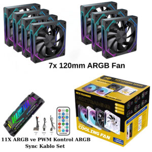 NG-O120B 7 Adet 120mm ARGB Fan 11X ARGB PWM Slot Kontrolcü ve Kumanda Siyah